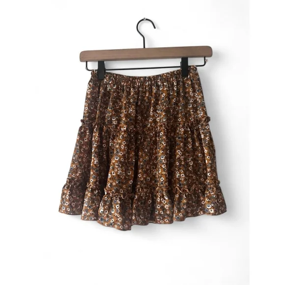 Girls Brown Floral Ruffle Skirt – Youth Size M, Elastic Waist, Boho - Picture 2 of 6
